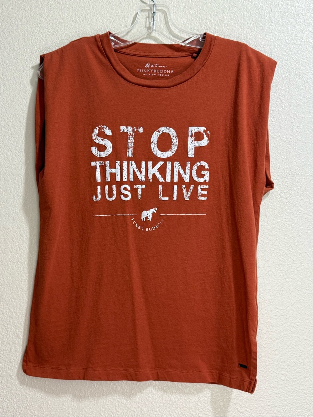 Funky Buddha Rust Graphic Muscle Tee - "Stop Thinking Just Live" - Size XS